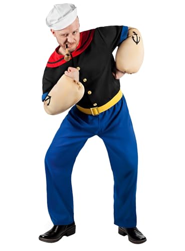 Popeye Comic Seemann Kostüm 6-teilig mit Hemd, Hose, Muskel-Armen und Matrosenmütze (M) von Maskworld