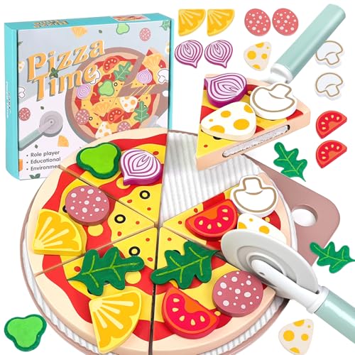 Masonbaby Pizza Set Holz-Holzspielzeug Lebensmittel - Kinderküche Spielküche Zubehör aus Holz - Pizza Kinderküche Zubehör, Lernspielzeug Rollenspiele Geschenk für Kinder von Masonbaby