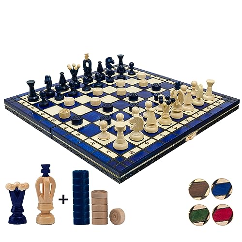 Great Kingdom Schach Spiel und Dame Spiel | Master of Chess Farbe Blau | Chess Set 35cm | Qualität Reise Schachspiel- Handgemachtes Tragbares Schach für Kinder und Erwachsene von Master of Chess