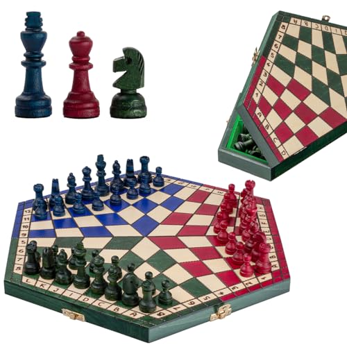 Buntes 3 Personen Schach | Master of Chess | Large Chess Board 40x35 cm | Einzigartig Schachbrett für Kinder und für Erwachsene - Engelhart Hochwertiges Massivholz Schachspiel von Master of Chess