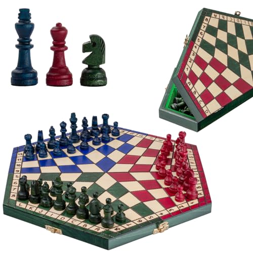 Buntes 3 Personen Schach | Master of Chess | Large Chess Board 40x35 cm | Einzigartig Schachbrett für Kinder und für Erwachsene - Engelhart Hochwertiges Massivholz Schachspiel von Master of Chess