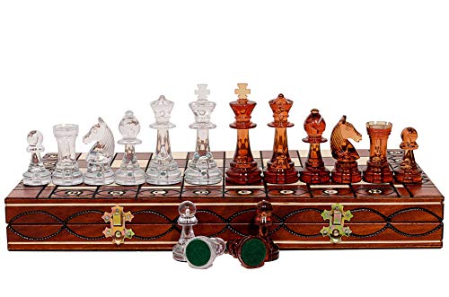 Fantastisches Schachspiel aus Holz, 40 cm, Bernstein, durchscheinend, Kunststoff, Schachfiguren auf Holz, zusammenklappbar von Master of Chess