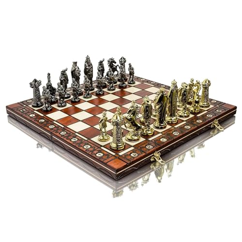 Luxus mittelalterlichen GOLD 40cm/16 "metallisierte Kunststoff Metall gewichtet Schachfiguren & große dekorative Holz Schachbrett!!! von Master of Chess