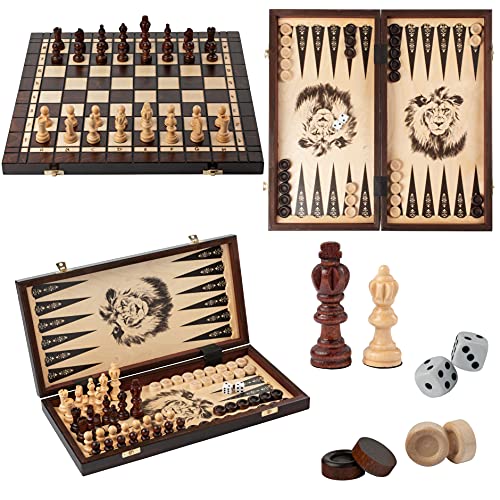 3in1 Schach-Dame-Backgammon Spiel | Master of Chess | XL Chess Set 40 cm | Handgemachtes Reise Backgammon Dame und Turnier Schachfiguren für Alle von Master of Chess