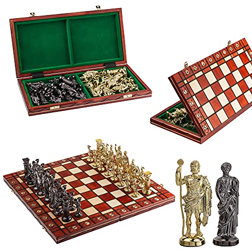 Master of Chess Spartan 40 x 40 cm Holz Schach Metalizzed Kunststoff alte Rom Themed Zahlen auf Holz Schachbrett, Classic Schach Game von Master of Chess