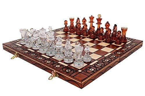 Master of Chess Fantastisches Amber 40cm / 16in Holz Schachspiel. Lichtdurchlässige PlastikStaunton-Schachfiguren auf hölzernem faltendem Schachbrett von Master of Chess