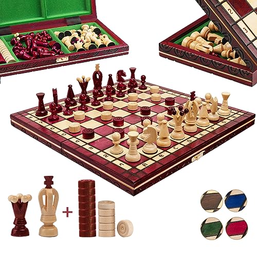 Great Kingdom Schach Spiel und Dame Spiel | Master of Chess Farbe Rote | Chess Set 35cm | Qualität Reise Schachspiel- Handgemachtes Tragbares Schach für Kinder und Erwachsene von Master of Chess