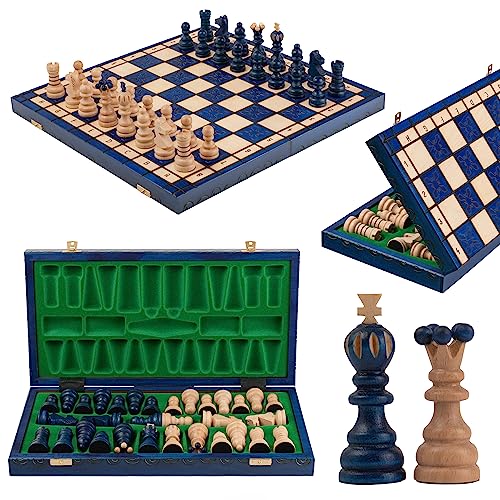 Handgefertigt Schachbrett Holz Klappbar | Master of Chess Schachspiel Holz Blaue | Chess Set 42cm | Klassisches Familienschach - Schachbrett mit Figuren von Master of Chess