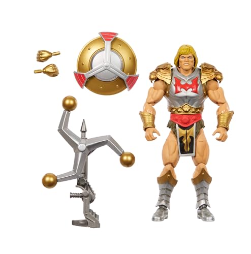 Masters of the Universe Masterverse Actionfigur ca. 18 cm groß, New Eternia Flying Fists He-Man, MOTU Spielzeug, rotierende Waffe und Schild, 30 Bewegungspunkte, JBP75 von Masters of the Universe