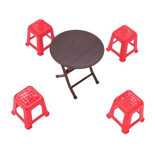 Exquisites Puppenhaus Miniaturtischhocker 1:12 Puppenhaustisch und Hocker Miniaturpuppenhauszubehör mit 4 PCs Roten Stuhl -Runden -Tisch für Verschiedene Arten von Puppenhäusern von Masyrt