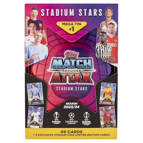 Topps Match Attax 23/24 - Mega Tin 1 - Enthält 66 Match Attax Karten plus 4 exklusive Stadion-Stars Limited Edition Karten - Verpackung kann variieren Topps Match Attax 23/24 - Mega Tin 1 - Enthält 66 Match Attax Karten plus 4 exklusive Stadion-Stars Limited Edition Karten - Verpackung kann variieren von Match Attax