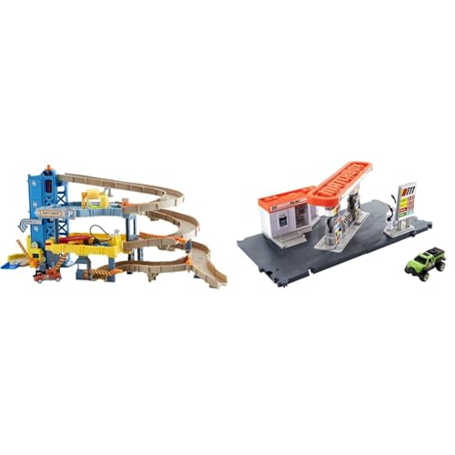 Matchbox CJM67 Garage mit 4 Etagen & GVY84 - Tankstellen Spielset mit 1 Fahrzeug im Maßstab 1:64 und interaktiven Zapfsäulen, mit Anderen Sets kombinierbar, Spielzeug für Kinder ab 3 Jahren von Matchbox