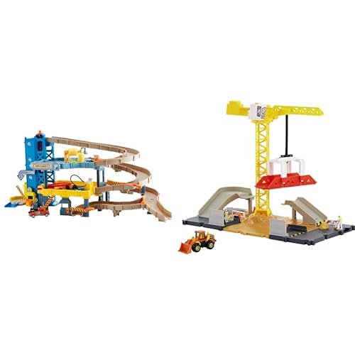 Matchbox CJM67 - Matchbox Garage mit 4 Etagen, Spielzeug ab 3 Jahren & HDL33 - Baustellen Spielset, beweglicher Kran, durch Fahrzeuge aktivierte Funktionen, enthält 1 Matchbox Spielzeug-Bulldozer von Matchbox