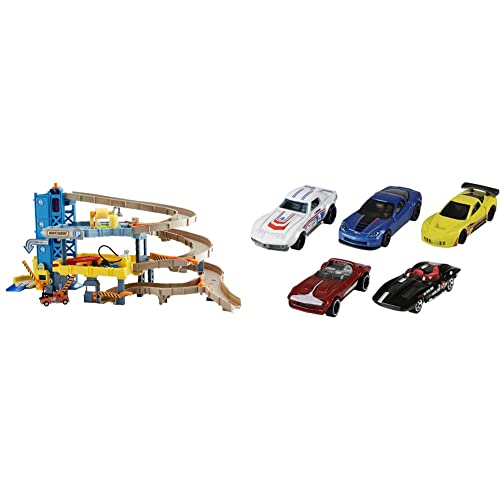 Matchbox CJM67 Garage mit 4 Etagen, Spielzeug ab 3 Jahren & Hot Wheels 1806 - Geschenkset, je 5 Fahrzeuge, zufällige Autos/Fahrzeugmodelle, 5er Pack von Matchbox