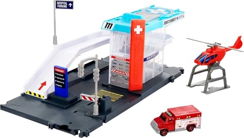 Matchbox GVY83 - Notrettung Spielset mit 1 Krankenwagen im Maßstab 1:64 und Hubschrauber mit Transportmöglichkeit für Fahrzeuge, Spielzeug für Kinder ab 3 Jahren von Matchbox