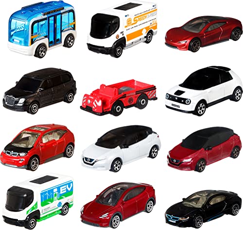 Matchbox HGW60 - MBX Elektro Autos 12er-Pack, Elektroautos und -Trucks aus Metall, kunststofffreie Verpackung, Spielzeug für Kinder ab 3 Jahren von Matchbox