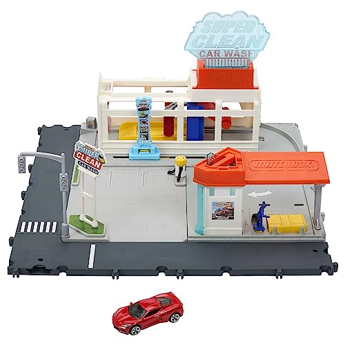 Matchbox Super Clean Autowaschanlage - erweiterbares Spielset mit spannenden Details, inklusive 1 Auto, Staubsauber und Supermarkt, HNJ54 von Matchbox