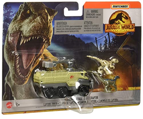 Matchbox Jurassic World Dino Transporter Velocirator (Blau) & Dino Veloz, Spielzeugfahrzeug für Kinder ab 3 Jahren inkl. Mini-Dinosaurier für Transport von Matchbox