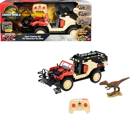 Matchbox RC Jurassic World Spielzeug-LKW, ferngesteuertes batteriebetriebenes Fahrzeug mit Dinosaurier-Figur, Dino Catcher RC & Capture Cage für Transport von Matchbox
