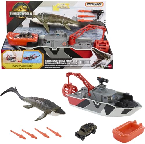 Matchbox Spielzeugauto-Set, Jurassic World 32 cm Dino-Boot mit 33 cm Mosasaurus-Dinosaurier, Die-Cast-Jeep im Maßstab 1:64, Harpunen-Geschosse und abnehmbares Rettungsboot, JGG61 von Matchbox