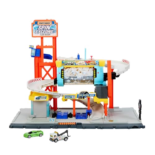 Matchbox Spielzeugauto Trackset, Spielset Rotierende Waschstraße“ mit Corvette und Abschleppwagen im Maßstab 1:64, mit rotierender Autowaschanlage, Tuning-Station und Parkplatz, JGB68 von Matchbox