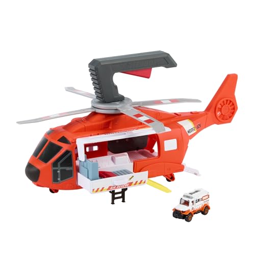 Matchbox Spielzeugauto und Spielset, 40 cm großer Hubschrauber, der Sich in Rettungsstation verwandelt lässt, durch das Kind antreibbarer Propeller, mit Die-Cast-Rettungswagen im Maßstab 1:64, HXM74 von Matchbox