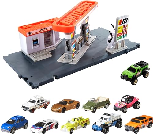 Matchbox X7111 - Geschenkset mit 9 verschiedenen Fahrzeugen, Variationen möglich & Tankstellen Spielset mit 1 Fahrzeug im Maßstab 1:64 und interaktiven Zapfsäulen, mit Anderen Sets kombinierbar von Matchbox