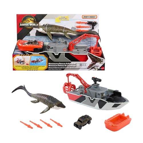 Mattel Jurassic World: Die Wiedergeburt Matchbox RC Spielzeug-Truck, ferngesteuertes batteriebetriebenes Fahrzeug mit Dinosaurierfigur, ferngesteuerter Dinofänger und Käfig für den Transport, JHB67 von Matchbox