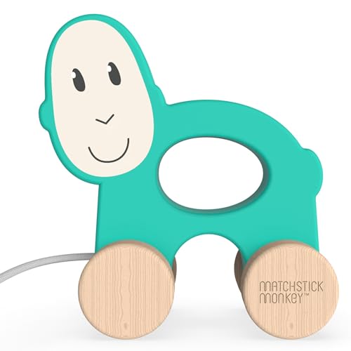 Matchstick Monkey Holzspielzeug Nachzieh Spielzeug mit Baumwollschnur/fördert Feinmotorik für stundenlangen Spielspaß/ab 12 Monaten/aus Buchenholz/Farben auf Wasserbasis (AFFE grün) von Matchstick Monkey