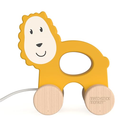 Matchstick Monkey Holzspielzeug Nachzieh Spielzeug mit Baumwollschnur - Ludo Löwe - fördert Feinmotorik für stundenlangen Spielspaß - ab 12 Monaten - aus Buchenholz - Farben auf Wasserbasis von Matchstick Monkey