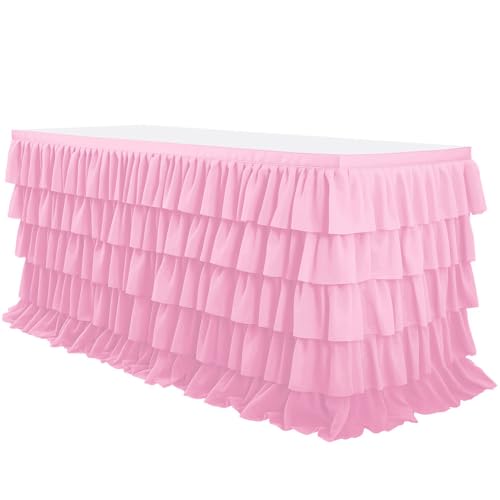 Mateju Tischrock Gestufte Rüschen Tischdekoration Hochzeit Tischrock Waschbare, Weihnachten Feiern Veranstaltungen Hochzeit Dekoration Party für Bankett Geburtstag (Rosa,6FT/183x76cm) von Mateju