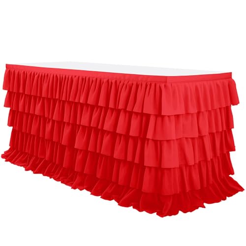 Mateju Tischrock Gestufte Rüschen Tischdekoration Hochzeit Tischrock Waschbare, Weihnachten Feiern Veranstaltungen Hochzeit Dekoration Party für Bankett Geburtstag (Rot,9FT/275x76cm) von Mateju