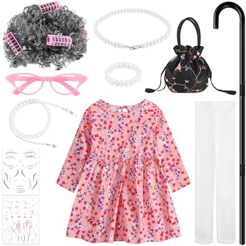 Matiniy Damenkostüm-Set mit Blumenrock, Perücke, Brille, Tasche, Stock und mehr, für den 100. Schultag, Rosa, 4–5 Jahre Matiniy Damenkostüm-Set mit Blumenrock, Perücke, Brille, Tasche, Stock und mehr, für den 100. Schultag, Rosa, 4–5 Jahre von Matiniy