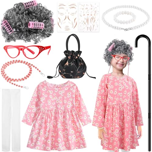 Matiniy Damenkostüm-Set mit Blumenrock, Perücke, Brille, Tasche, Stock und mehr, für den 100. Schultag (Hellrosa, 5–6 Jahre) von Matiniy
