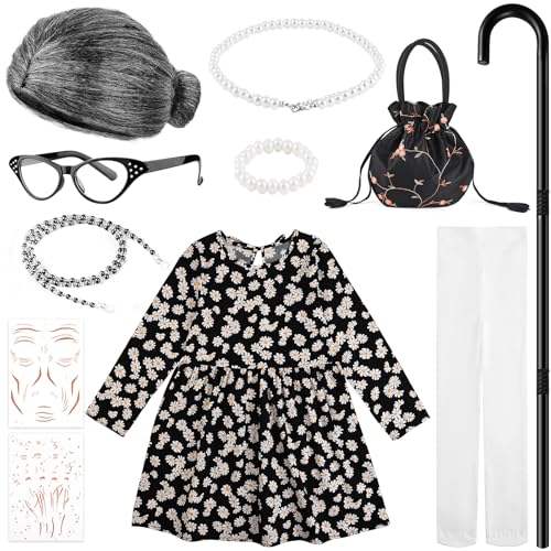Matiniy Damenkostüm-Set mit Blumenrock, Perücke, Brille, Tasche, Stock und mehr, für den 100. Schultag (Schwarz, 5–6 Jahre) von Matiniy