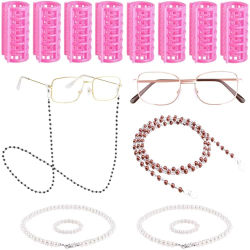Matiniy Kostüm für alte Dame, 100. Schultag, Brille, Schlüsselband, Perlenfrisur, Lockenwickler, Kostümzubehör-Set (Stil 4) von Matiniy