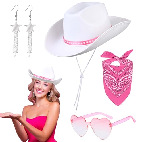 Matiniy Rosa Kostüm für Mädchen, Cosplay-Outfit, weißer Cowboyhut und rosa roter Kaschmir-Schal von Matiniy