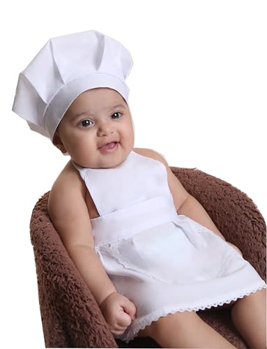 Baby Schürze und Kochmütze – Mini-Koch Outfit für Babys, Weißes Bäcker-Kostüm für Kleinkinder, Requisiten für Fotoshootings & Neugeborenen-Fotografie (Kleine, 3-12 Monate) von Matissa