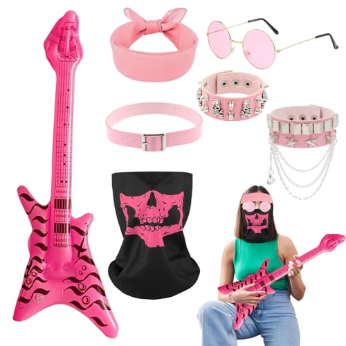 7 Stücke Punk Gothik Rocker Kit für Damen, Herren, Erwachsen,70er 80er 90er Hip Hop Kostüm Set mit Gitarre, Brille, Maske,Bandana, Schwermetall Rock Kostüm Kit, für Rocker Party Cosplay von Matreeglam