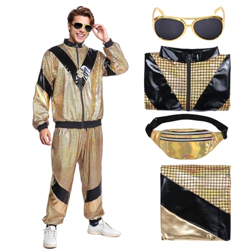 80er Jahre Kostüm Trainingsanzug Herren, 80er 90er Jahre Retro Disco Jacke Hose, Faschingskostüme für Karneval Halloween Mottoparty (golden, S) von Matreeglam