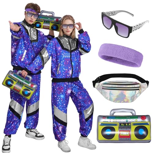 80er Jahre Trainingsanzug Kostüm Damen Herren, 80er 90er Jahre Retro Disco Jacke Hose, Jogginganzug Faschingskostüme für Halloween Mottoparty Karneval (blau, L) von Matreeglam