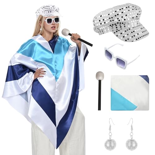 Damen Disco-Poncho 1970er Eurovision Trooper-Poncho Umhang Kostüm, Abba Party Verkleidung Outfits mit Bling Sonnenbrille Hut (Stil 2) von Matreeglam