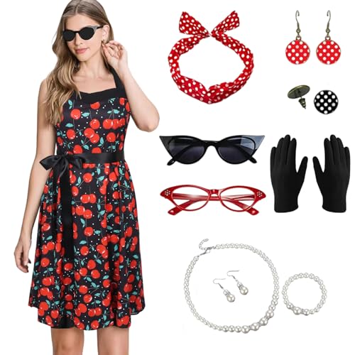 Damenkostüm im 1950er-Jahre-Stil, ärmellos, Rockabilly mit rotem Kirschmuster, Vintage, mit roter Schleife, Stirnband, Brille, Handschuhen und anderen schönen Accessoires für Kostümpartys (Rot, Größe Damenkostüm im 1950er-Jahre-Stil, ärmellos, Rockabilly mit rotem Kirschmuster, Vintage, mit roter Schleife, Stirnband, Brille, Handschuhen und anderen schönen Accessoires für Kostümpartys (Rot, Größe von Matreeglam