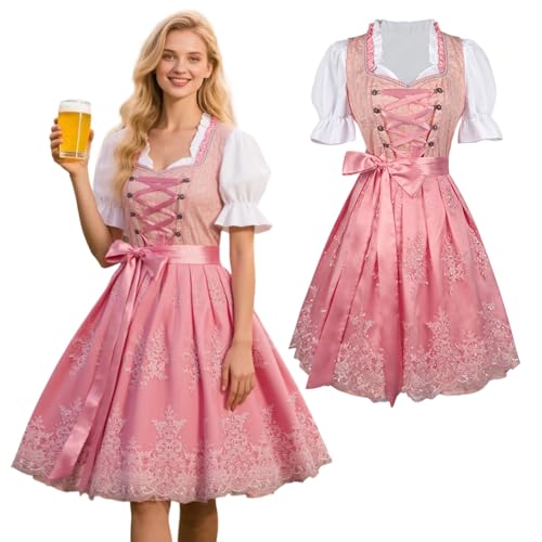 Deutsches Dirndl Damen Midi Trachtenkleid Oktoberfest Outfit Spitze Schürze Trachtenkleid Kostüm für Bayerisches Bier Karneval Oktoberfest Party (UK, Alpha, S, XL, Regular, Regular, Pink) von Matreeglam