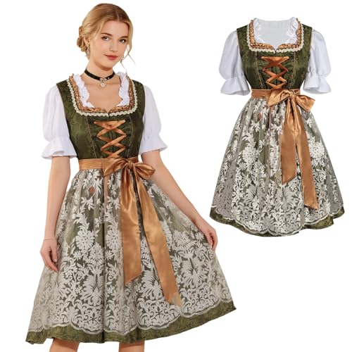 Deutsches Dirndl Damen Midi Trachtenkleid Oktoberfest Outfit Spitzenschürze Trachtenkleid Kostüm für Bayerisches Bier Karneval Oktoberfest Party (UK, Alpha, XXL, XL, Regular, Regular, Grün) von Matreeglam