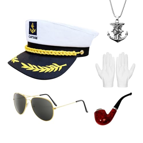 Kapitänsmütze Matrosenmütze Set mit Schal Sonnenbrille Handschuhe für Damen Herren, Marine Hut Kapitän Accessoires Faschingskostüm für Karneval, Mottoparty, Halloween (Stil 2) von Matreeglam