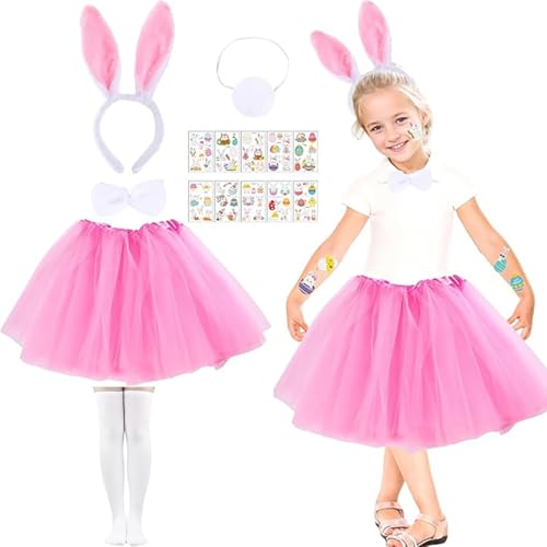 Matreeglam 6 Stück Osterhasen Kostüm Set Kinder Rosa Tutu mit Hasenohren Stirnbänder Hasenkostüm Tier Verkleidung für Mädchen Ostern Karneval Cosplay von Matreeglam