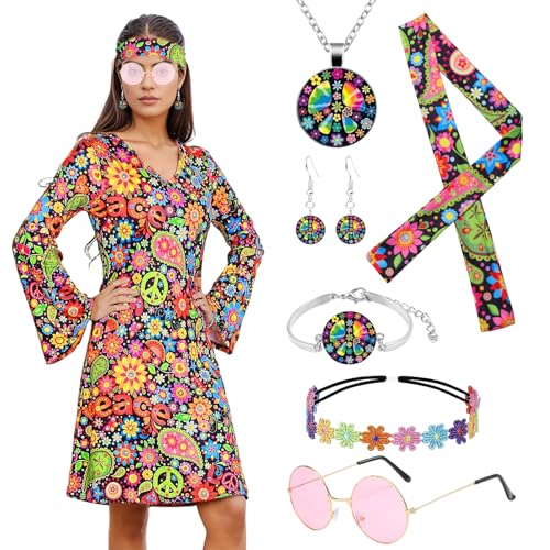 Matreeglam 70er Jahre Hippie Kostüm Damen, 60er 70er Hippie Kleidung mit Kleid Hippie Accessoires, Faschings Kostüm Set Damen für Karneval Halloween Disco Party (Colourful, 2XL) von Matreeglam