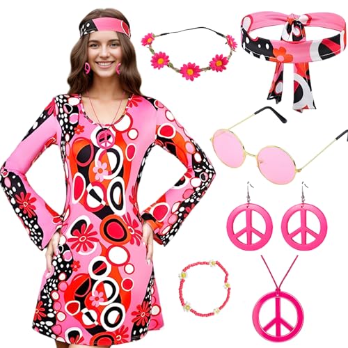 Matreeglam 70er Jahre Hippie Kostüm Damen, 60er 70er Hippie Kleidung mit Kleid Hippie Accessoires, Faschings Kostüm Set Damen für Karneval Halloween Disco Party (Pink, M) von Matreeglam