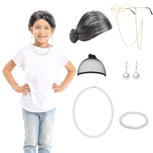 Matreeglam Alter Mann Alte Frauen Kostüm Zubehör für Kinder 100 Tage Schule Opa Kostüm Set Alte Dame Verkleidung Outfit für Karneval Party Welttag des Buches (Stil 3) von Matreeglam